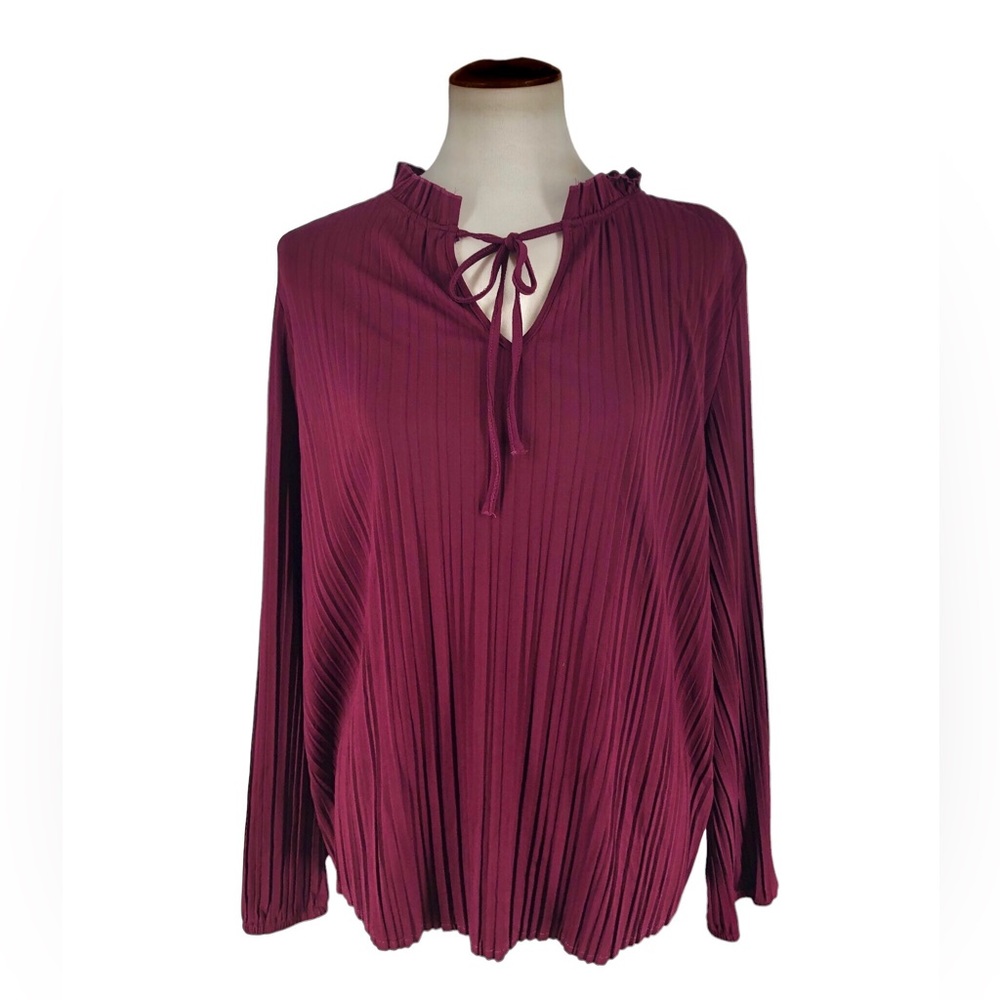 Adrianna Papell Women’s Tie Blouse Size XL Magenta Long Sleeve Pleated Shirt NWT